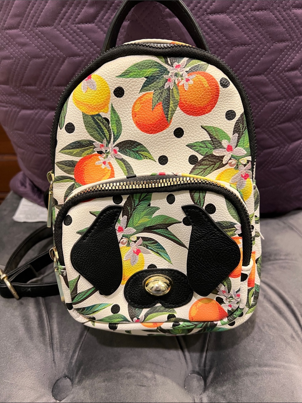 Betsey Johnson White Mini Backpack with Orange Citrus Print and Black Trim